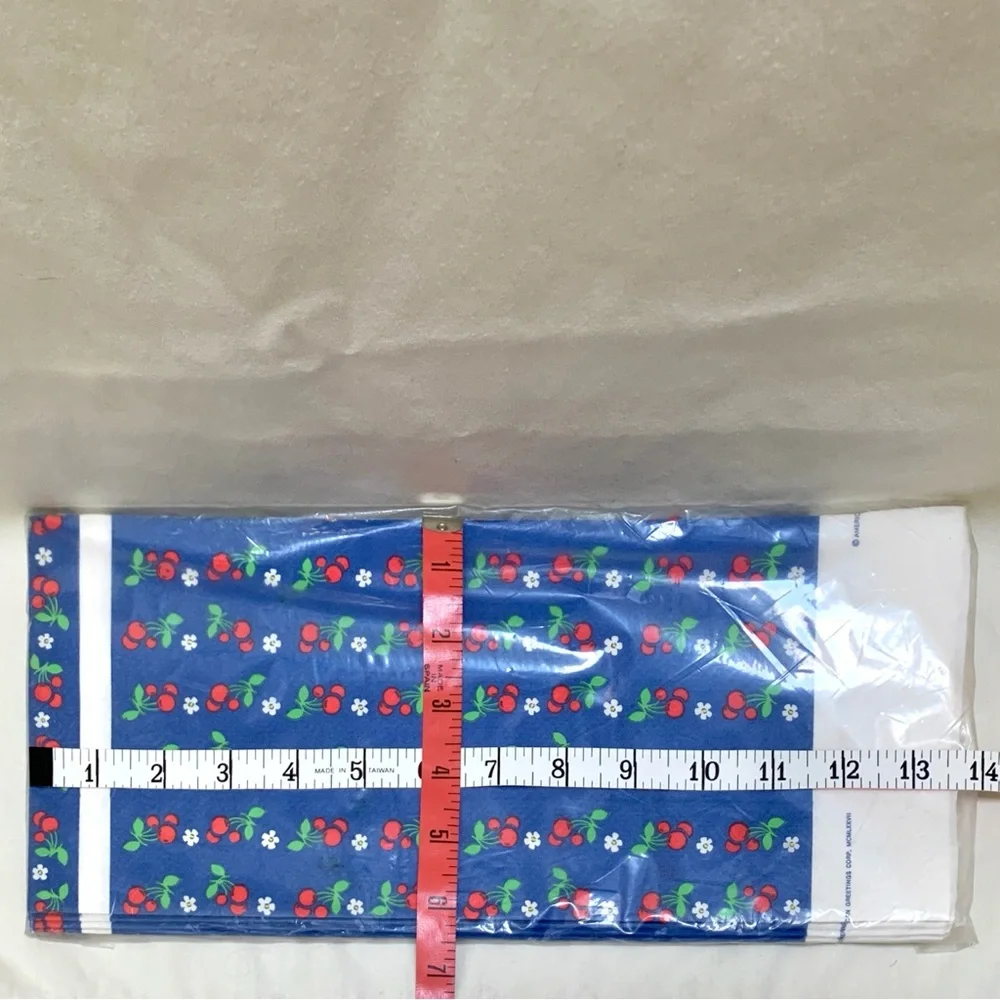 1970s blue tablecover with red cherries white daisies print by Party Maid